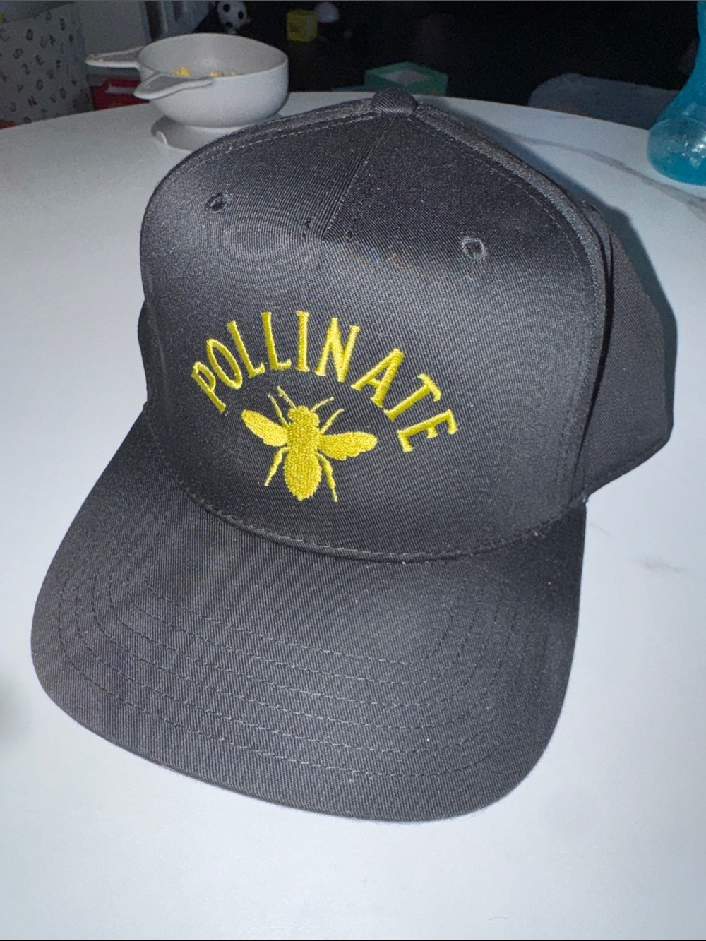 OTTO Black Snapback Hat with Yellow "POLLINATE" Bee Embroidery